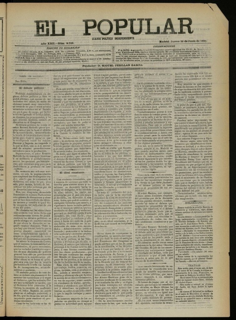 Miniatura de El Popular: diario independiente, político, literario y de noticias de interés general del 26 de junio de 1890, nº 9798