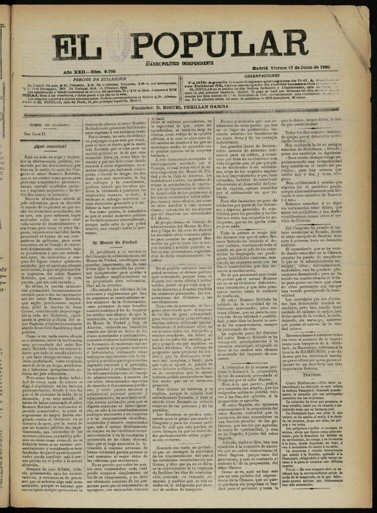 Miniatura de El Popular: diario independiente, político, literario y de noticias de interés general del 27 de junio de 1890, nº 9799