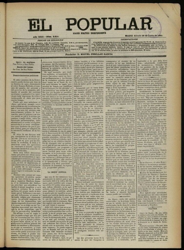 Miniatura de El Popular: diario independiente, político, literario y de noticias de interés general del 28 de junio de 1890, nº 9800