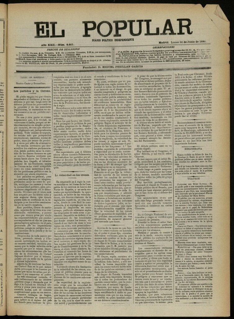 Miniatura de El Popular: diario independiente, político, literario y de noticias de interés general del 30 de junio de 1890, nº 9801