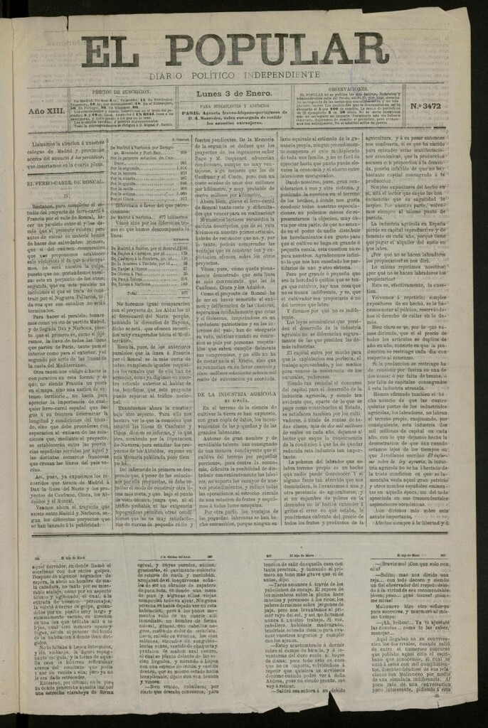 Miniatura de El Popular: diario independiente, político, literario y de noticias de interés general del 3 de enero de 1881, nº 3472