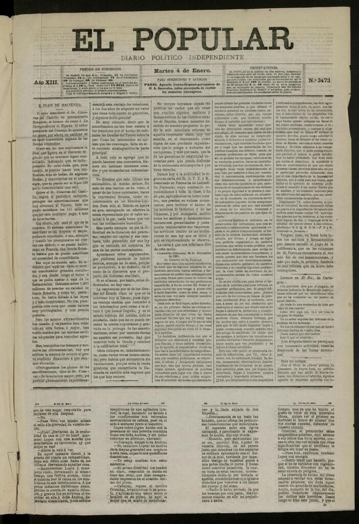 Miniatura de El Popular: diario independiente, político, literario y de noticias de interés general del 4 de enero de 1881, nº 3473