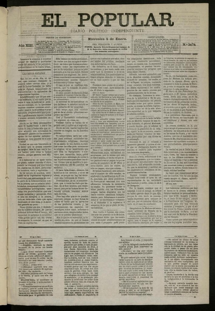 Miniatura de El Popular: diario independiente, político, literario y de noticias de interés general del 5 de enero de 1881, nº 3474