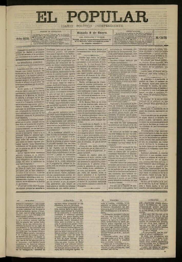 Miniatura de El Popular: diario independiente, político, literario y de noticias de interés general del 8 de enero de 1881, nº 3476