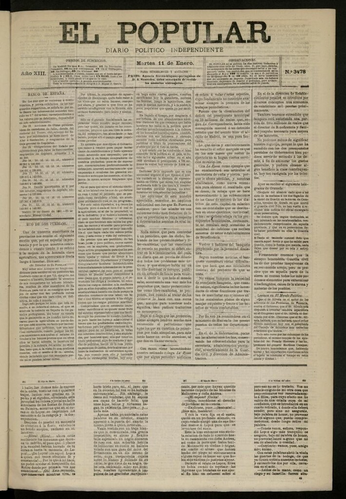 Miniatura de El Popular: diario independiente, político, literario y de noticias de interés general del 11 de enero de 1881, nº 3478