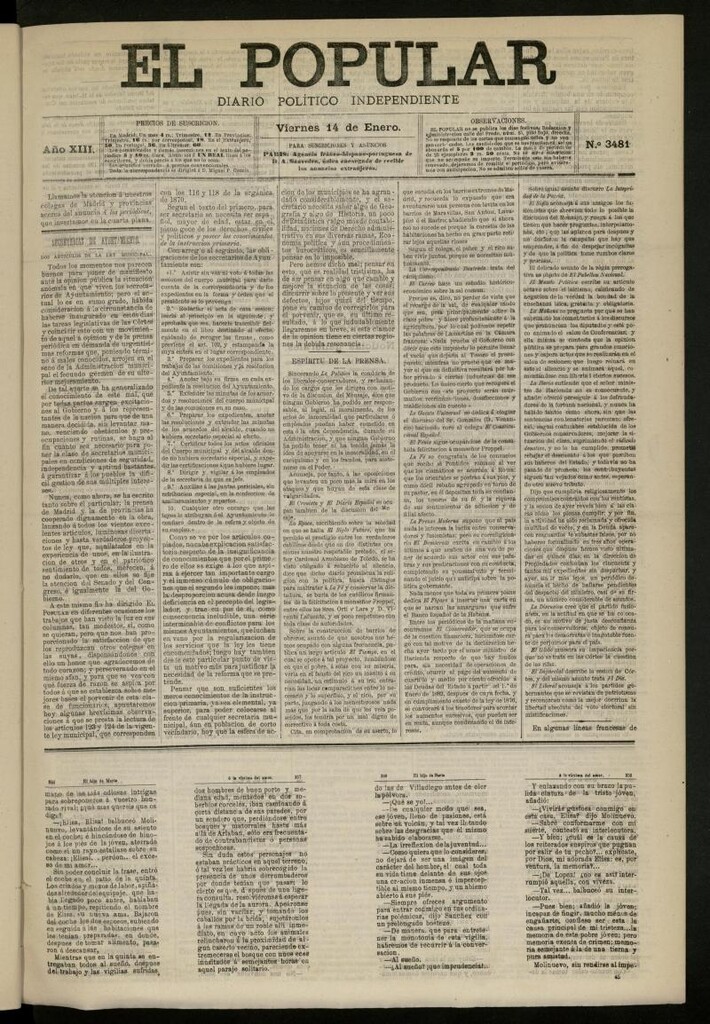 Miniatura de El Popular: diario independiente, político, literario y de noticias de interés general del 14 de enero de 1881, nº 3481