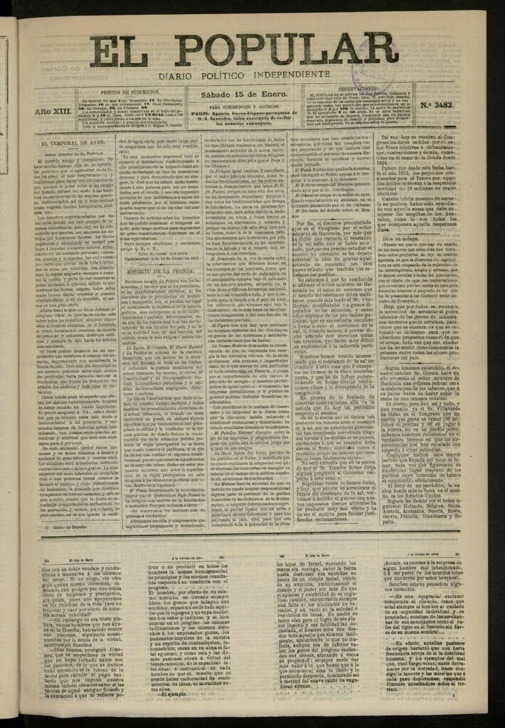 Miniatura de El Popular: diario independiente, político, literario y de noticias de interés general del 15 de enero de 1881, nº 3482