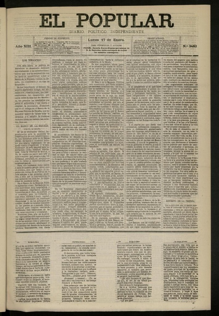 Miniatura de El Popular: diario independiente, político, literario y de noticias de interés general del 17 de enero de 1881, nº 3483