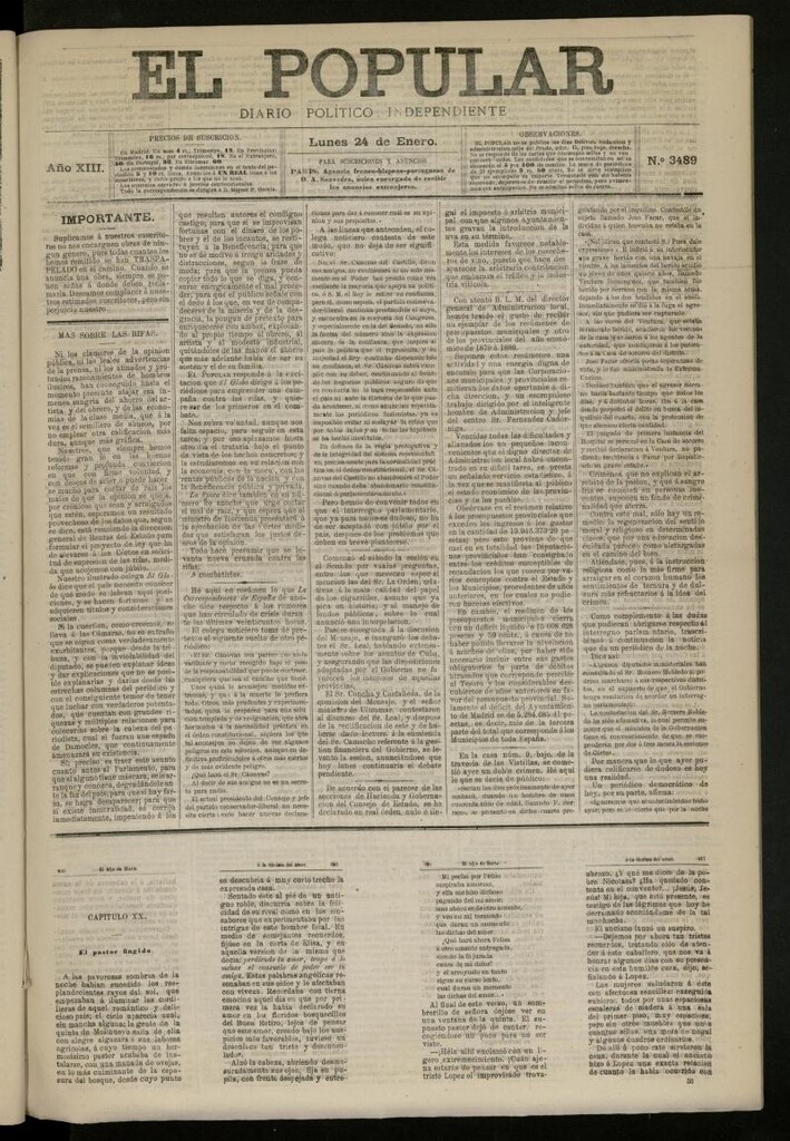 Miniatura de El Popular: diario independiente, político, literario y de noticias de interés general del 24 de enero de 1881, nº 3489