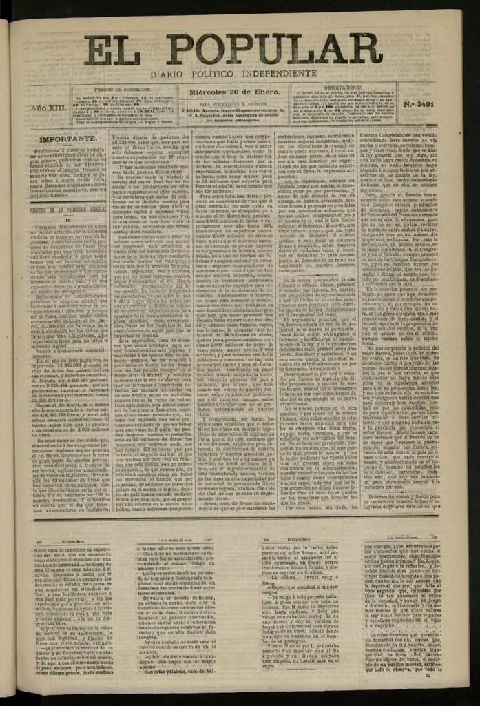 Miniatura de El Popular: diario independiente, político, literario y de noticias de interés general del 26 de enero de 1881, nº 3491