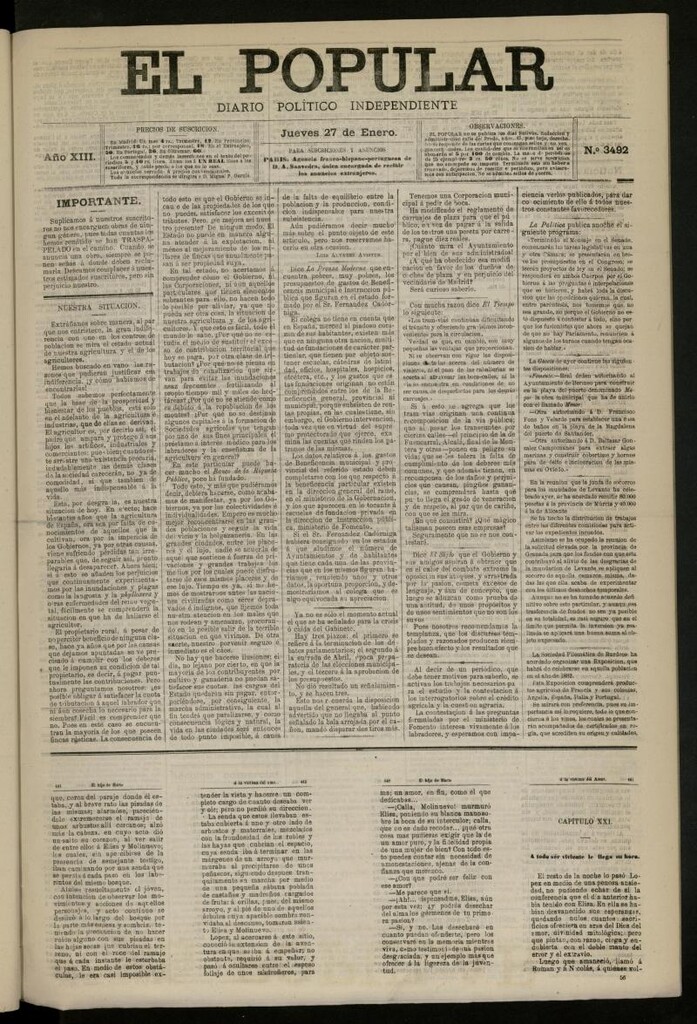 Miniatura de El Popular: diario independiente, político, literario y de noticias de interés general del 27 de enero de 1881, nº 3492