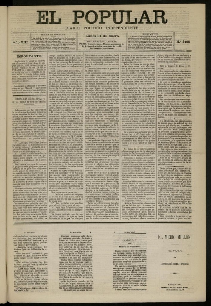 Miniatura de El Popular: diario independiente, político, literario y de noticias de interés general del 31 de enero de 1881, nº 3495