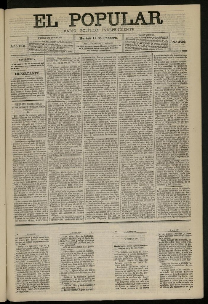 Miniatura de El Popular: diario independiente, político, literario y de noticias de interés general del 1 de febrero de 1881, nº 3496