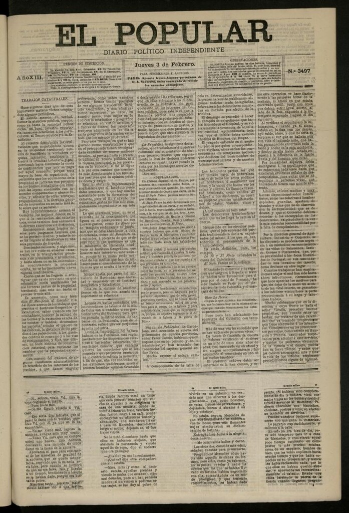 Miniatura de El Popular: diario independiente, político, literario y de noticias de interés general del 3 de febrero de 1881, nº 3497