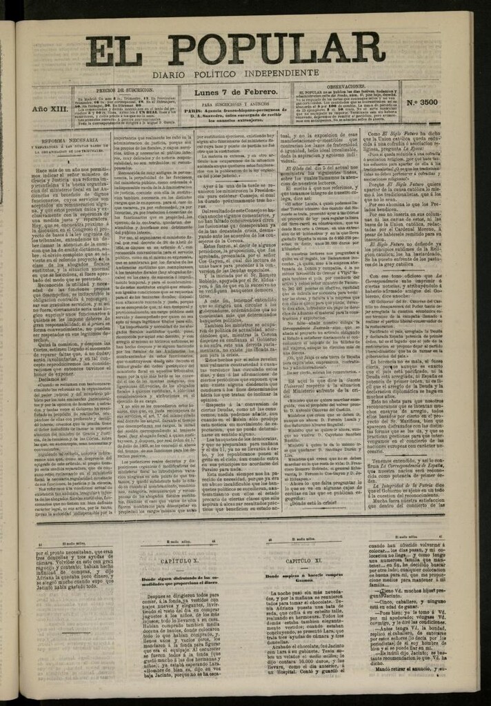 Miniatura de El Popular: diario independiente, político, literario y de noticias de interés general del 7 de febrero de 1881, nº 3500