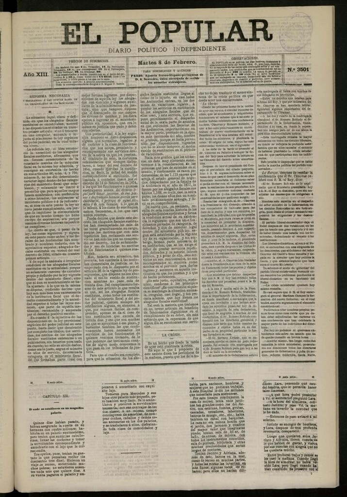 Miniatura de El Popular: diario independiente, político, literario y de noticias de interés general del 8 de febrero de 1881, nº 3501