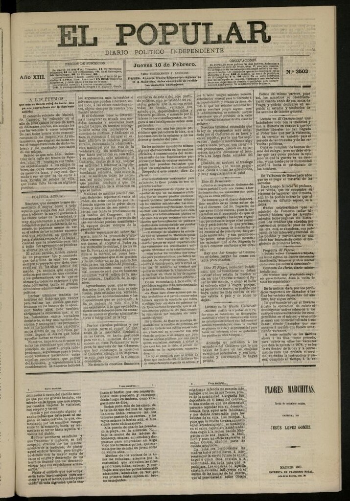 Miniatura de El Popular: diario independiente, político, literario y de noticias de interés general del 10 de febrero de 1881, nº 3503