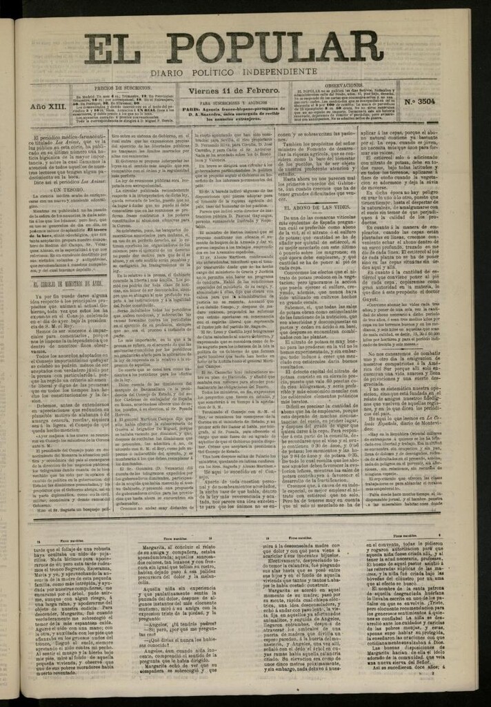 Miniatura de El Popular: diario independiente, político, literario y de noticias de interés general del 11 de febrero de 1881, nº 3504
