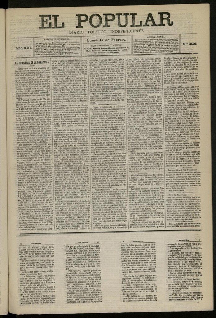 Miniatura de El Popular: diario independiente, político, literario y de noticias de interés general del 14 de febrero de 1881, nº 3506