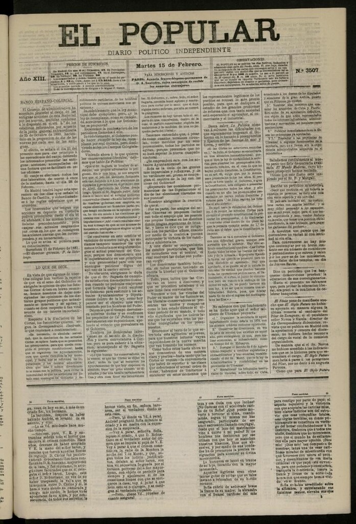 Miniatura de El Popular: diario independiente, político, literario y de noticias de interés general del 15 de febrero de 1881, nº 3507