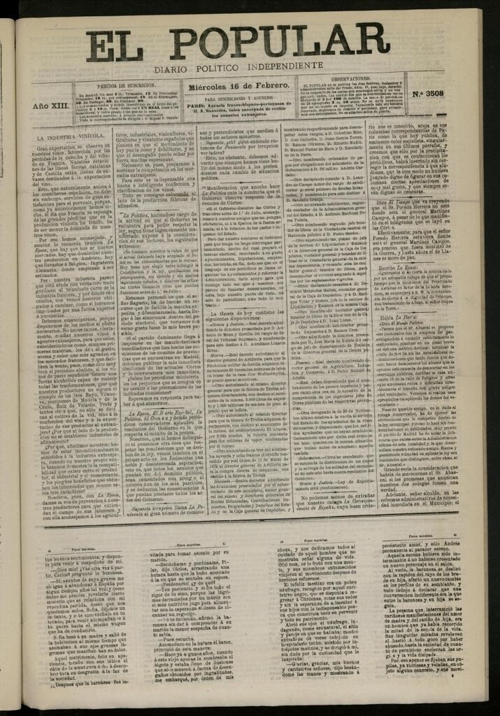 Miniatura de El Popular: diario independiente, político, literario y de noticias de interés general del 16 de febrero de 1881, nº 3508