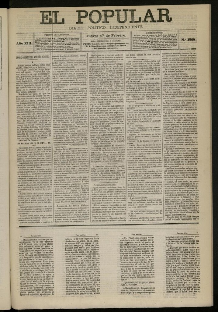 Miniatura de El Popular: diario independiente, político, literario y de noticias de interés general del 17 de febrero de 1881, nº 3509