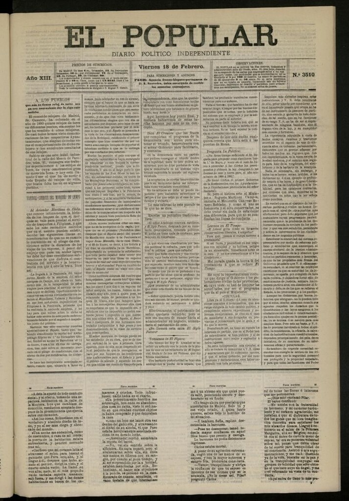 Miniatura de El Popular: diario independiente, político, literario y de noticias de interés general del 18 de febrero de 1881, nº 3510