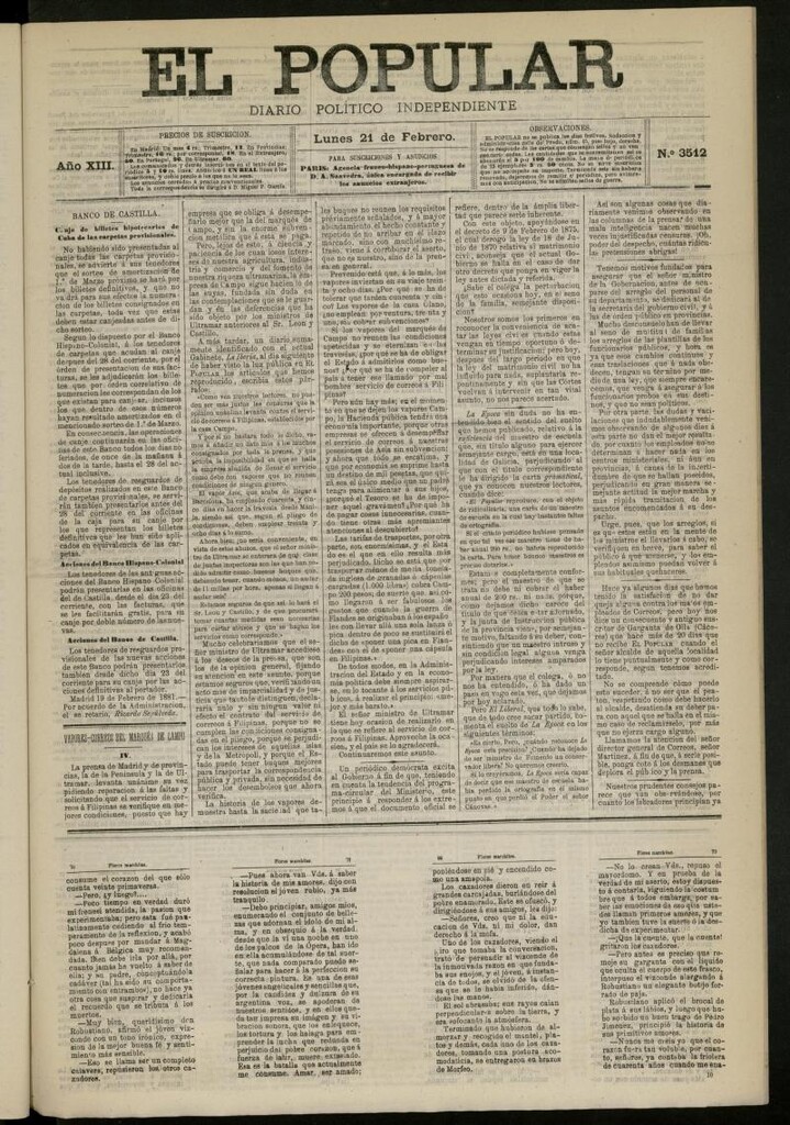 Miniatura de El Popular: diario independiente, político, literario y de noticias de interés general del 21 de febrero de 1881, nº 3512