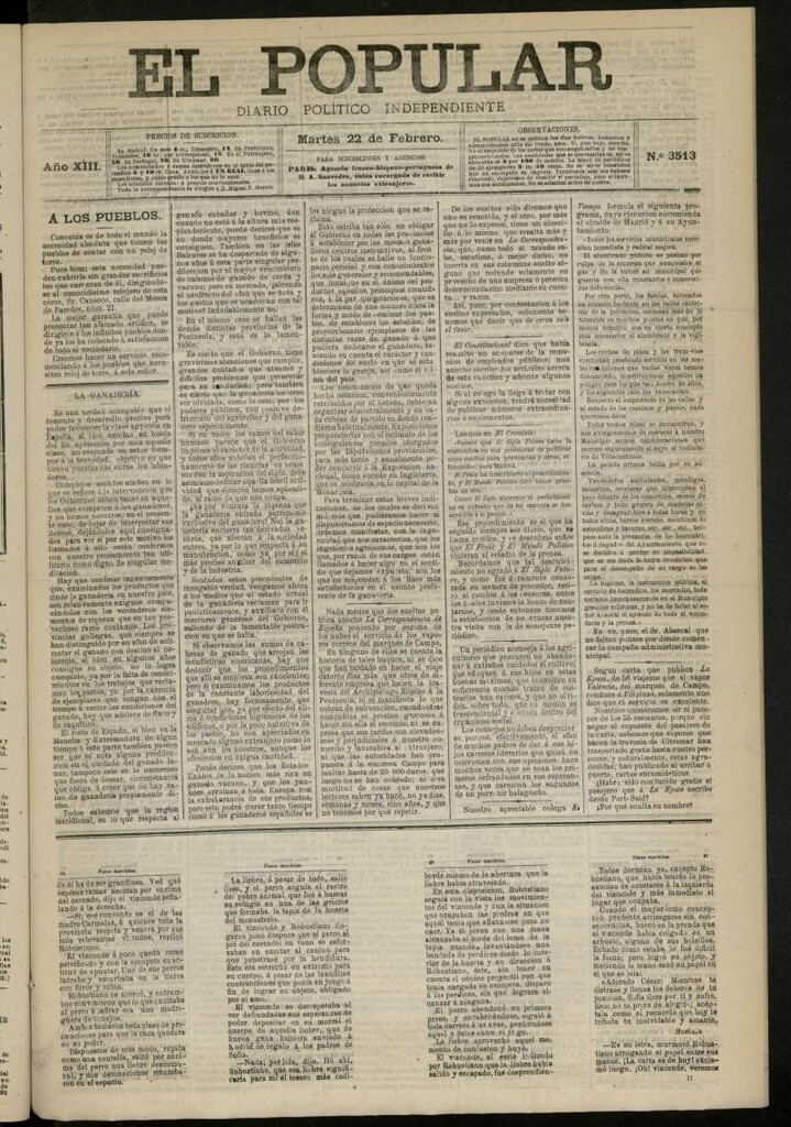 Miniatura de El Popular: diario independiente, político, literario y de noticias de interés general del 22 de febrero de 1881, nº 3513