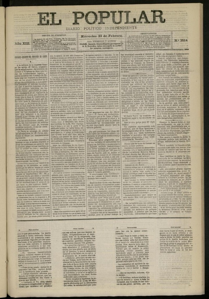 Miniatura de El Popular: diario independiente, político, literario y de noticias de interés general del 23 de febrero de 1881, nº 3514