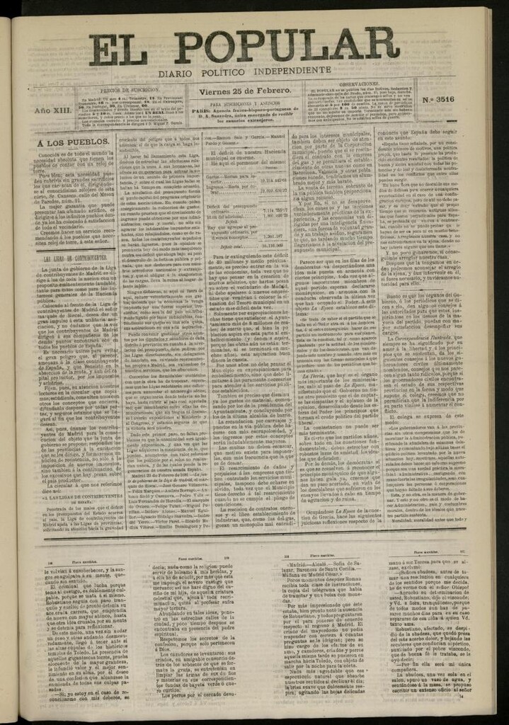 Miniatura de El Popular: diario independiente, político, literario y de noticias de interés general del 25 de febrero de 1881, nº 3516