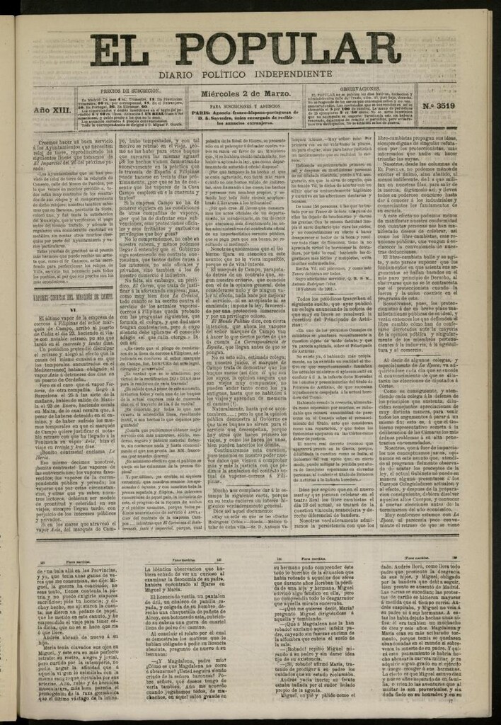 Miniatura de El Popular: diario independiente, político, literario y de noticias de interés general del 2 de marzo de 1881, nº 3519