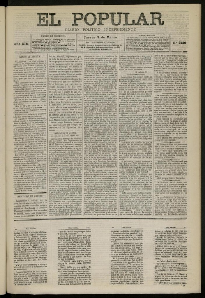 Miniatura de El Popular: diario independiente, político, literario y de noticias de interés general del 3 de marzo de 1881, nº 3520