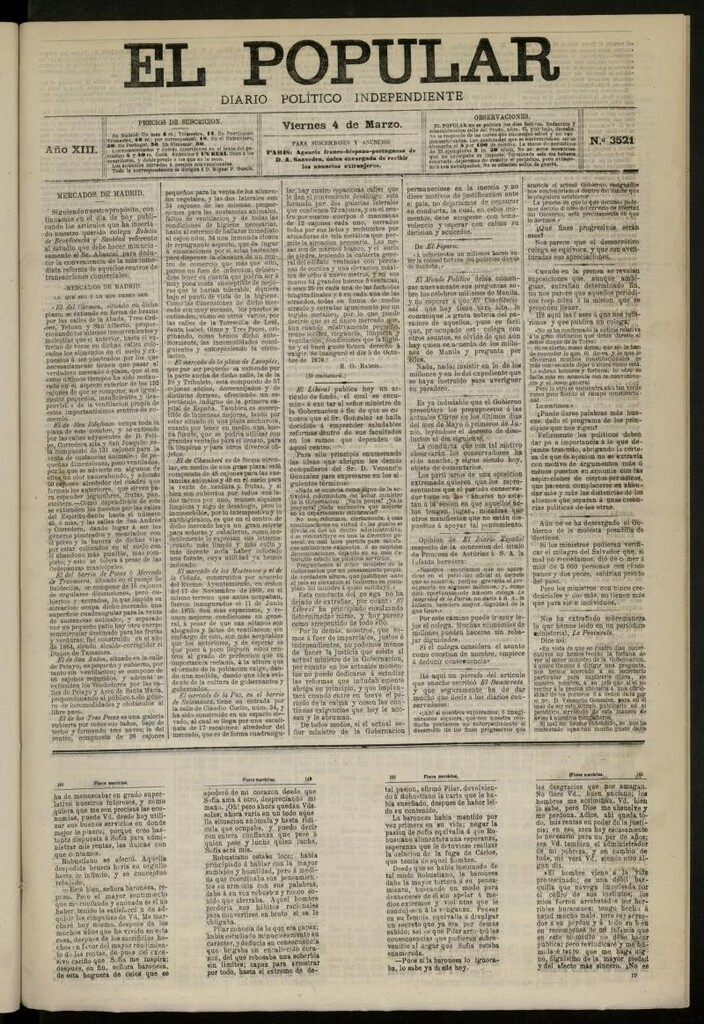 Miniatura de El Popular: diario independiente, político, literario y de noticias de interés general del 4 de marzo de 1881, nº 3521