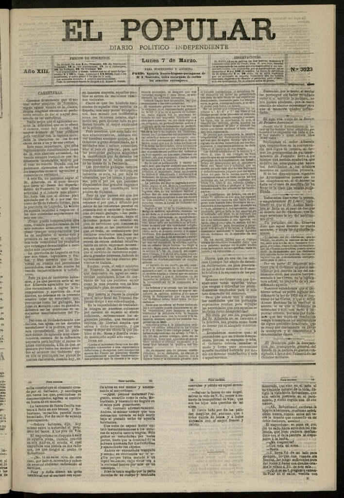 Miniatura de El Popular: diario independiente, político, literario y de noticias de interés general del 7 de marzo de 1881, nº 3523