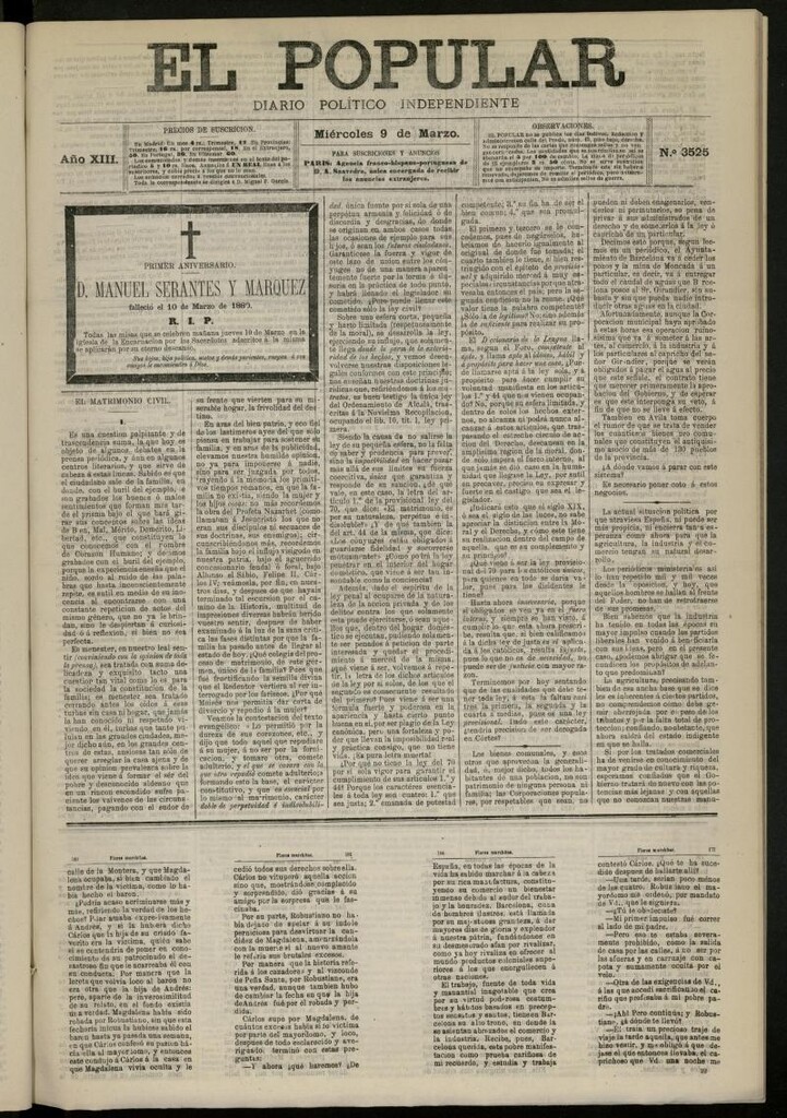 Miniatura de El Popular: diario independiente, político, literario y de noticias de interés general del 9 de marzo de 1881, nº 3525