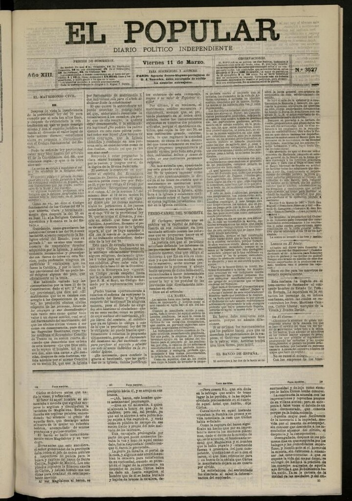 Miniatura de El Popular: diario independiente, político, literario y de noticias de interés general del 11 de marzo de 1881, nº 3527