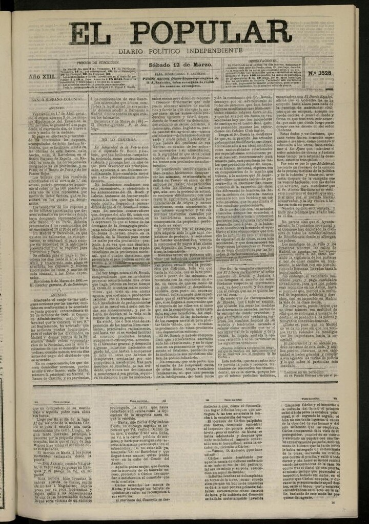 Miniatura de El Popular: diario independiente, político, literario y de noticias de interés general del 12 de marzo de 1881, nº 3528