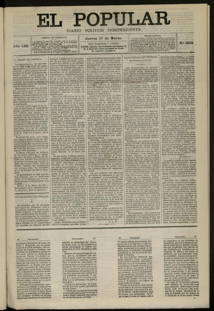 Miniatura de El Popular: diario independiente, político, literario y de noticias de interés general del 17 de marzo de 1881, nº 3532