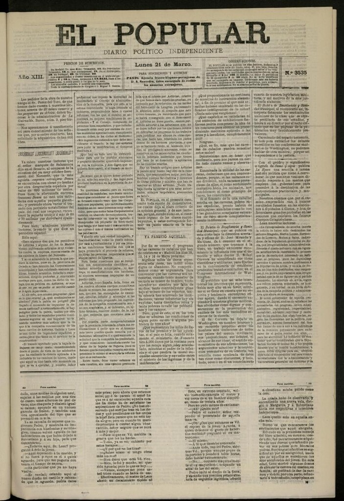 Miniatura de El Popular: diario independiente, político, literario y de noticias de interés general del 21 de marzo de 1881, nº 3535