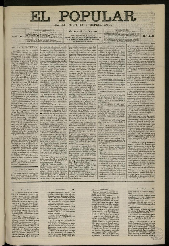 Miniatura de El Popular: diario independiente, político, literario y de noticias de interés general del 22 de marzo de 1881, nº 3536