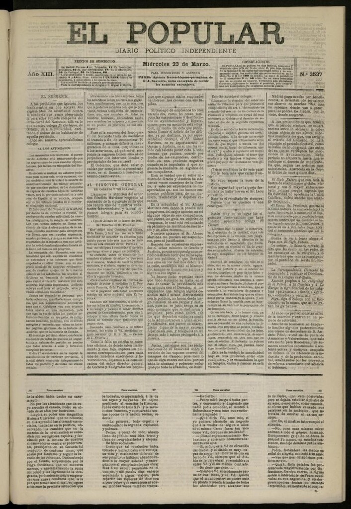 Miniatura de El Popular: diario independiente, político, literario y de noticias de interés general del 23 de marzo de 1881, nº 3537