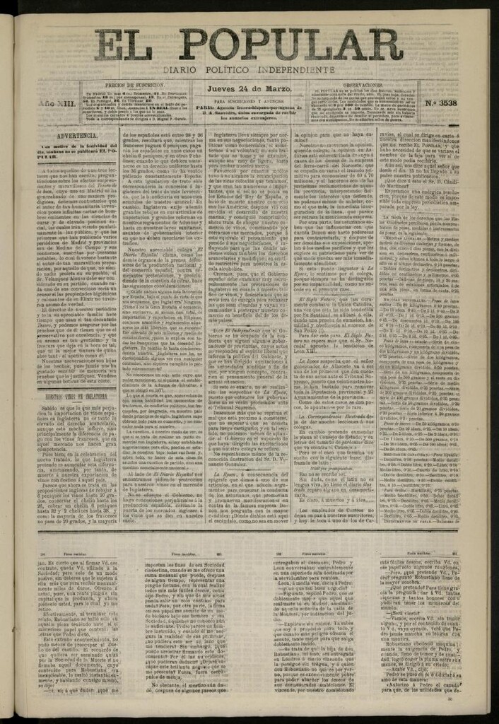 Miniatura de El Popular: diario independiente, político, literario y de noticias de interés general del 24 de marzo de 1881, nº 3538