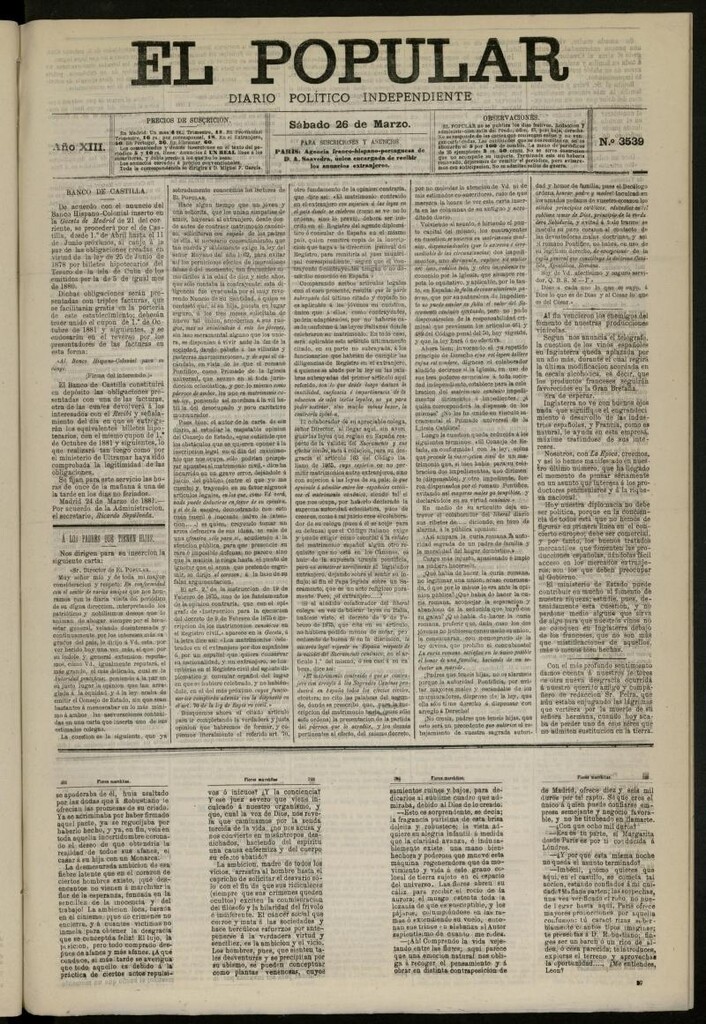 Miniatura de El Popular: diario independiente, político, literario y de noticias de interés general del 26 de marzo de 1881, nº 3539