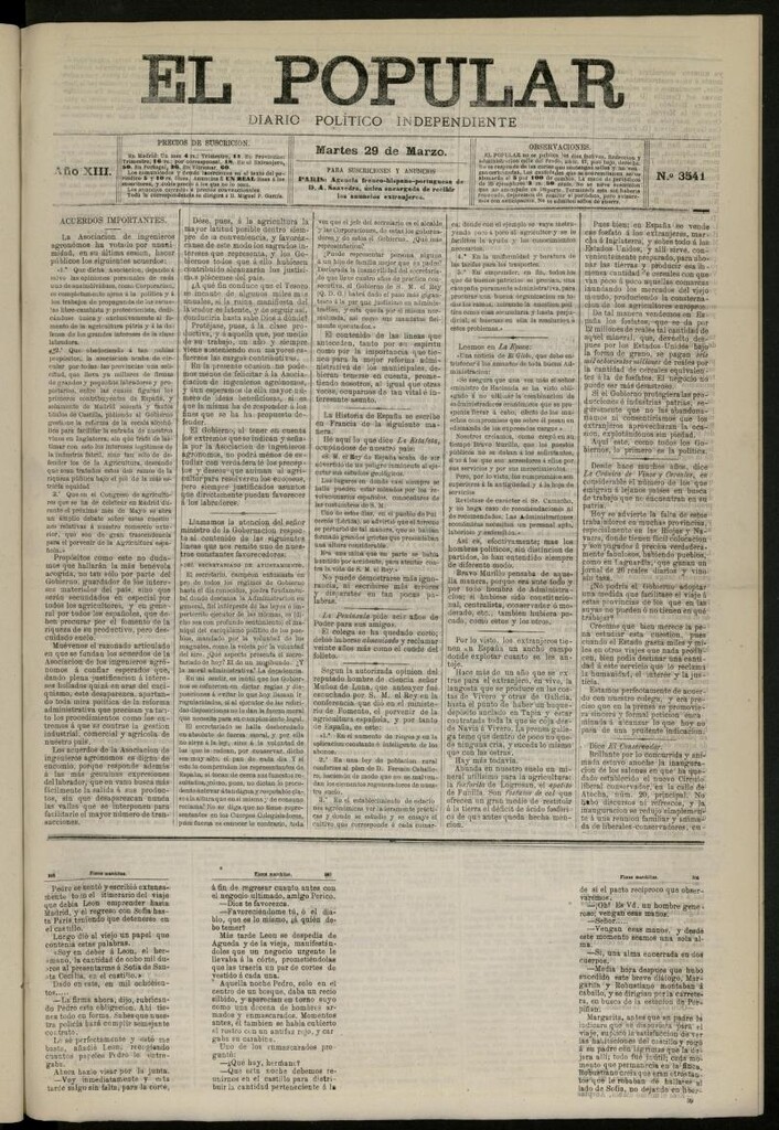 Miniatura de El Popular: diario independiente, político, literario y de noticias de interés general del 29 de marzo de 1881, nº 3541
