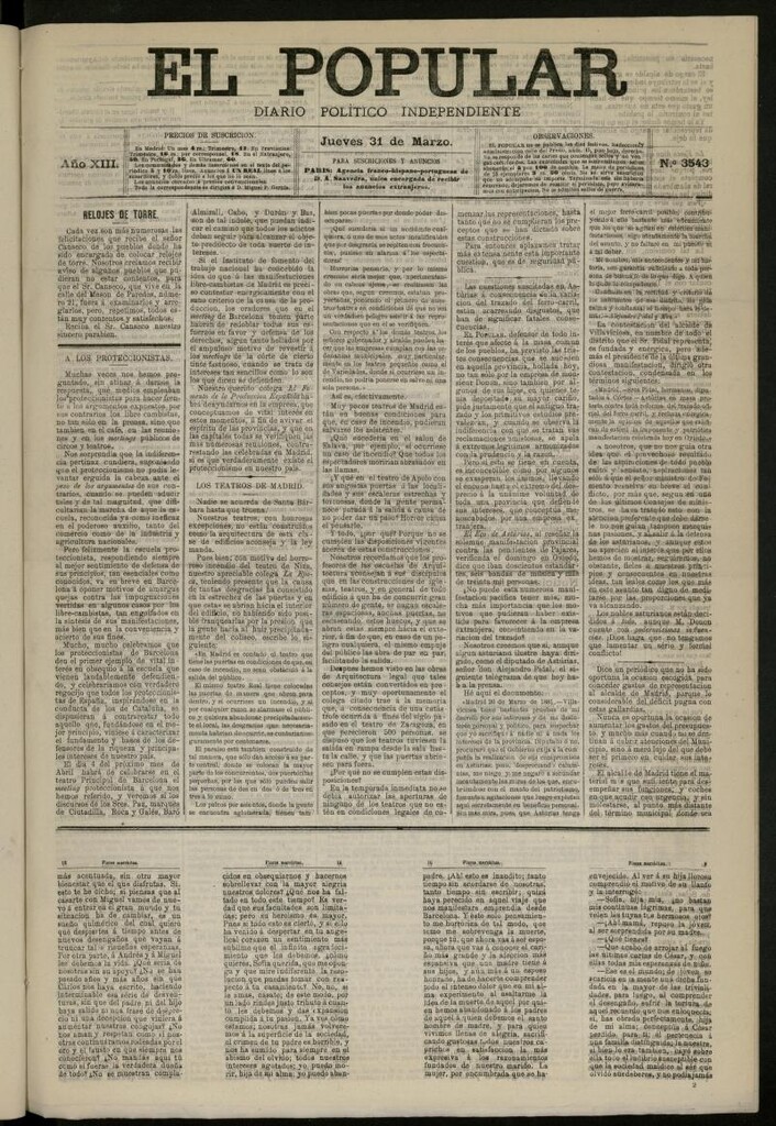 Miniatura de El Popular: diario independiente, político, literario y de noticias de interés general del 31 de marzo de 1881, nº 3543