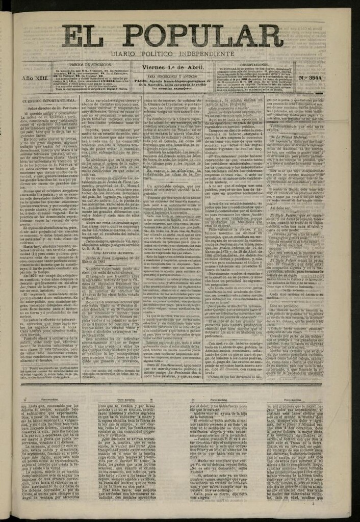 Miniatura de El Popular: diario independiente, político, literario y de noticias de interés general del 1 de abril de 1881, nº 3544