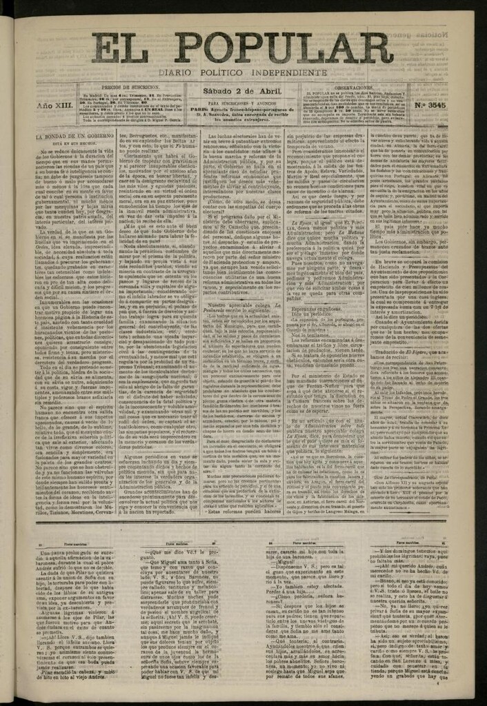 Miniatura de El Popular: diario independiente, político, literario y de noticias de interés general del 2 de abril de 1881, nº 3545