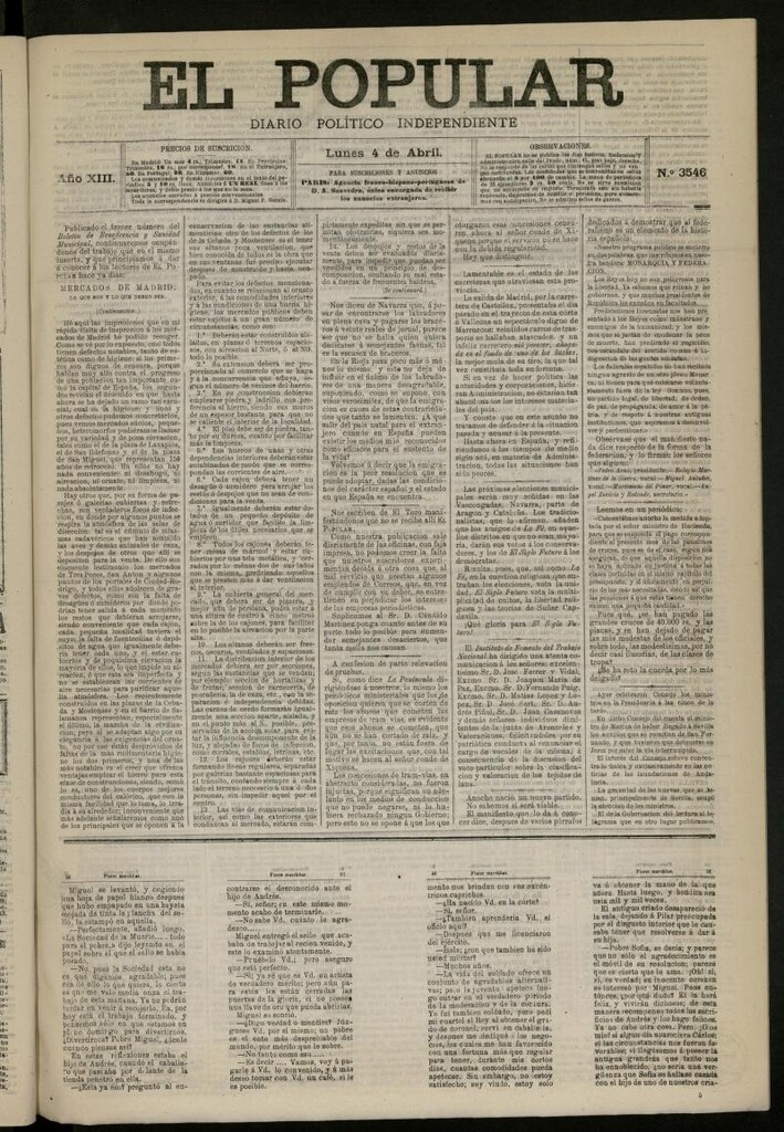 Miniatura de El Popular: diario independiente, político, literario y de noticias de interés general del 4 de abril de 1881, nº 3546