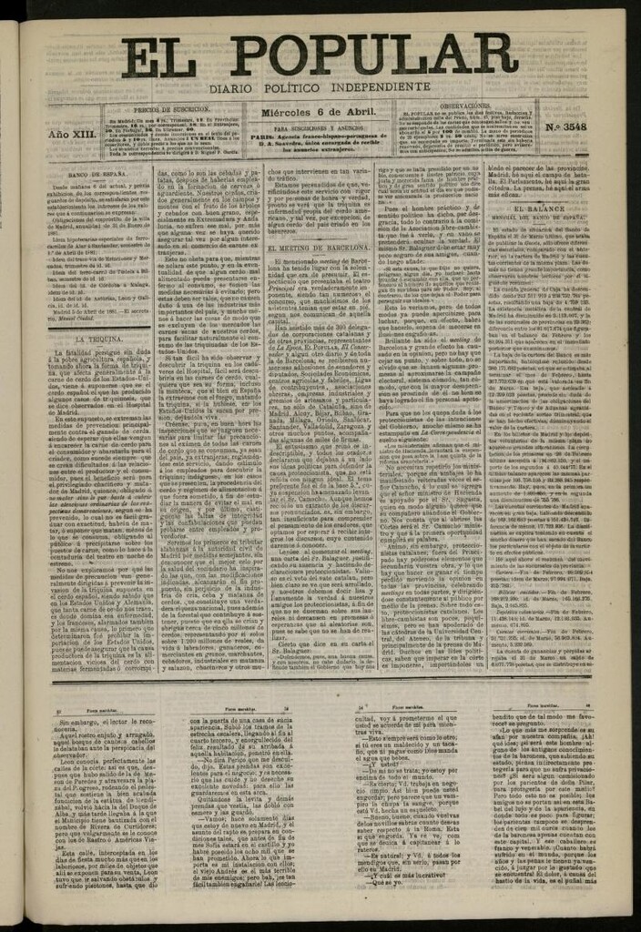 Miniatura de El Popular: diario independiente, político, literario y de noticias de interés general del 6 de abril de 1881, nº 3548